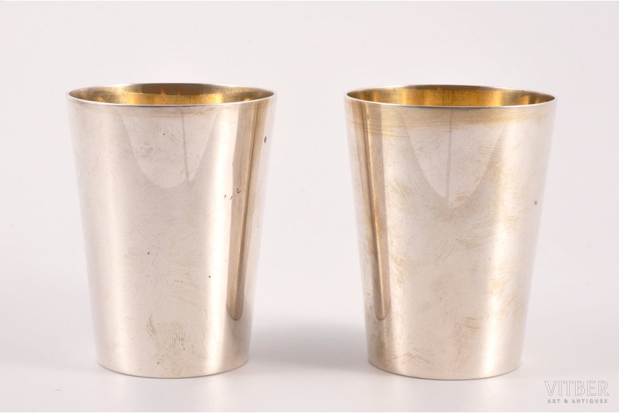 2 beakers, silver, 84 standart, gilding, 1899-1908, 88.85 g, "Grachev Brothers", St. Petersburg, Russia, h 6 см cm