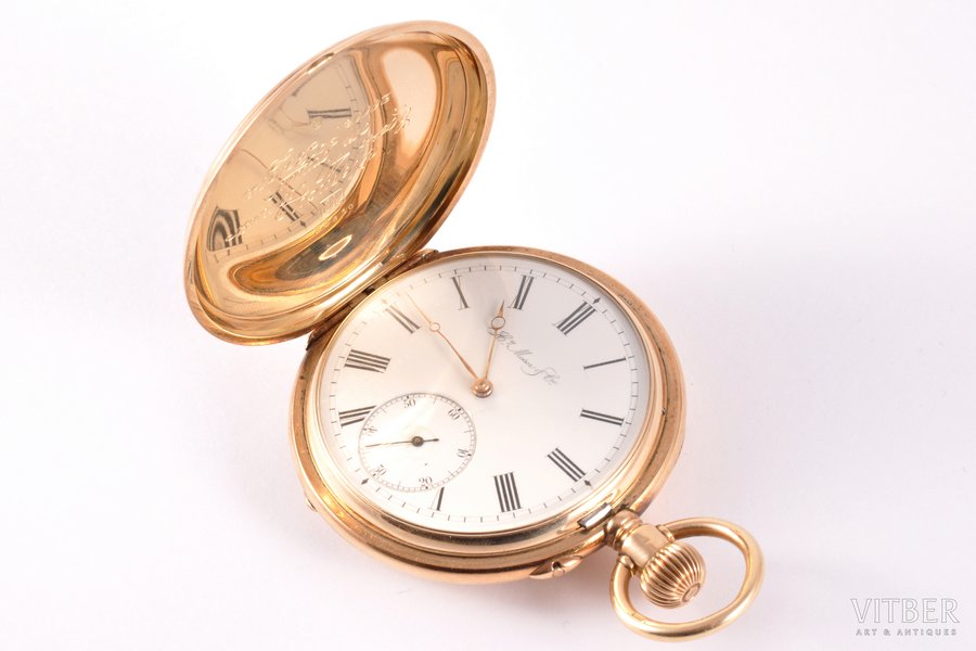 карманные часы, "H.Moser & Cie", Швейцария, рубеж 19-го и 20-го веков, золото, 56, 14 K проба, (вес изделия) 114.60 г, 6.7 x 5.4 см, исправные