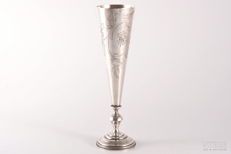 little glass, silver, 84 standard, 84.55 g, engraving, h 18.8 cm, by Nikolay Slavyanov, 1908, Moscow, Russia