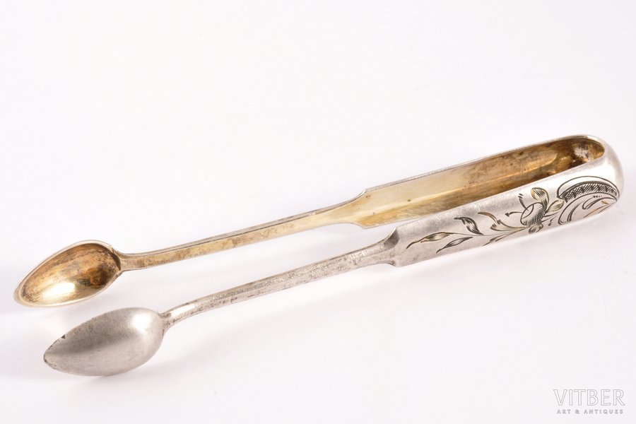 sugar tongs, silver, 84 standard, engraving, gilding, 13.6 cm, 1908-1917, Moscow, Russia