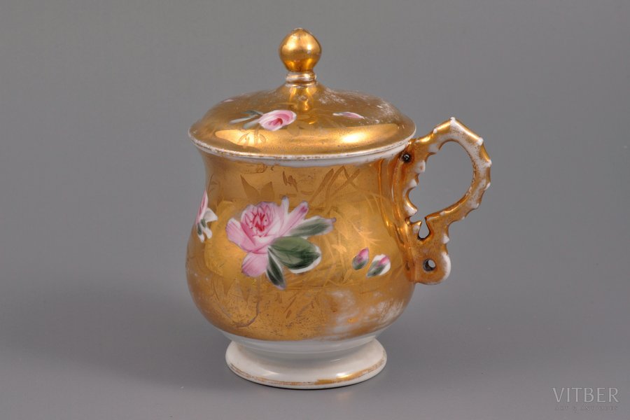 small cup, with lid, hand painted, porcelain, Dulevo, Russia, 1860-1889, h = 10.5 cm, first grade