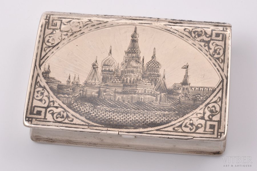 snuff-box, silver, Kremlin, 84 standard, 127.15 g, engraving, niello enamel, 9.45 x 6.67 x 2 cm, 1882-1885, Moscow, Russia