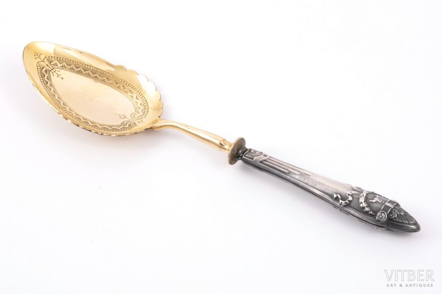 spoon, silver, 875 standart, gilding, the 30ties of 20th cent., (item's weight) 32.20 g, Latvia, 18.2 cm