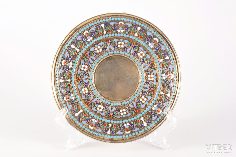 saucer, silver, 84 standard, 129.60 g, cloisonne enamel, gilding, Ø 12 cm, the end of the 19th century, Moscow, Russia