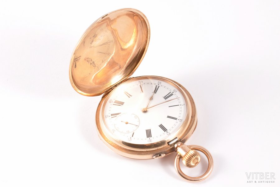 pocket watch, "Павелъ Буре", Switzerland, the border of the 19th and the 20th centuries, gold, 583 standart, (item's weight) 97.55 g., 6.1 x 5.2 cm, (dial) 43.5 mm, working well