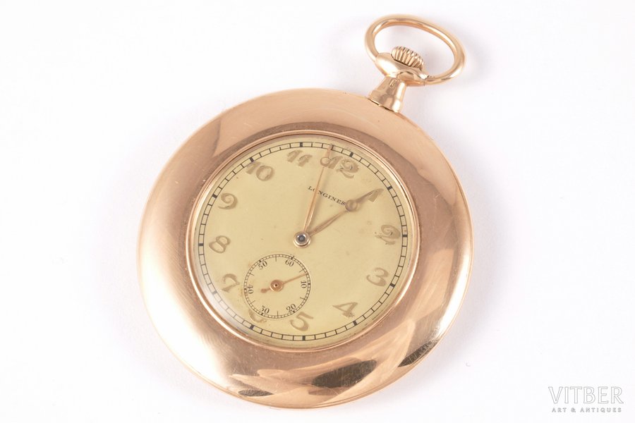 pocket watch, "Longines", Switzerland, the beginning of the 20th cent., gold, 56 standart, (total) 48.90, 5.4 x 4.6 cm, (dial) 3.1 mm, working well