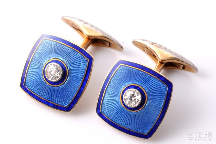 cufflinks, gold, enamel, 56 standard, 10.75 g., the item's dimensions 1.5 x 1.5 cm, diamonds, 0.3 - 0.35 ct, 1908-1917, Seventh Moscow Artel, Moscow, Russia
