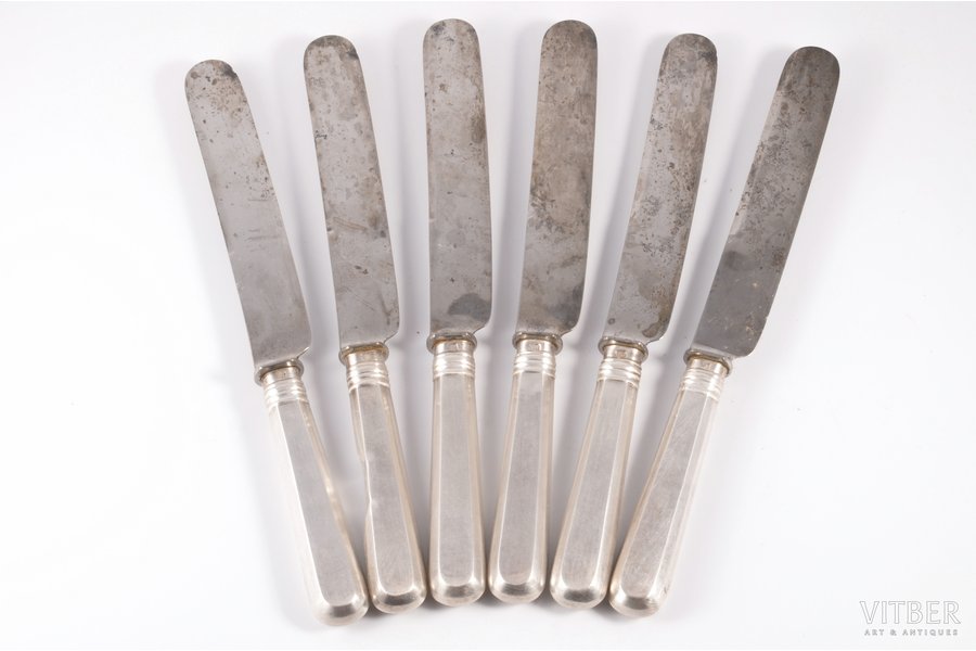 set of 6 knifes, silver, blade (steel) - Varipayev Brothers, 84 standart, the end of the 19th century, (total) 659.30 g, St. Petersburg, Russia, 27 cm