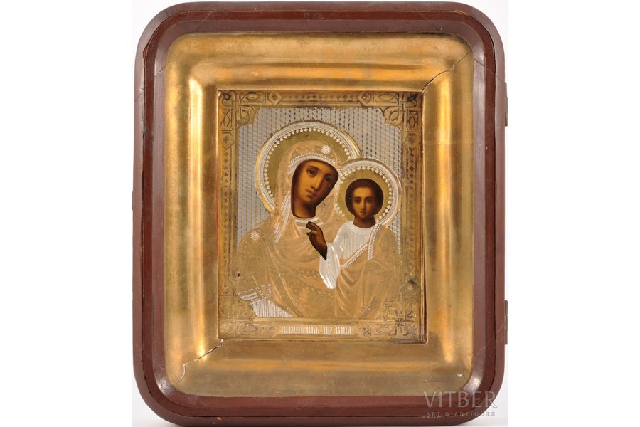 icon, Our Lady of Kazan, in icon case, board, silver, painting, guilding, 84 standard, Russia, 1890, 20.8 x 18.2 x 6.2  (13.2 x 11.1 x 1.7) cm