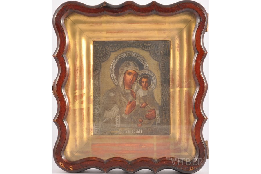icon, Our Lady of Smolensk, in icon case, board, silver, painting, guilding, 84 standard, Russia, 1886, 13.4 x 11.2 x 1.7 cm