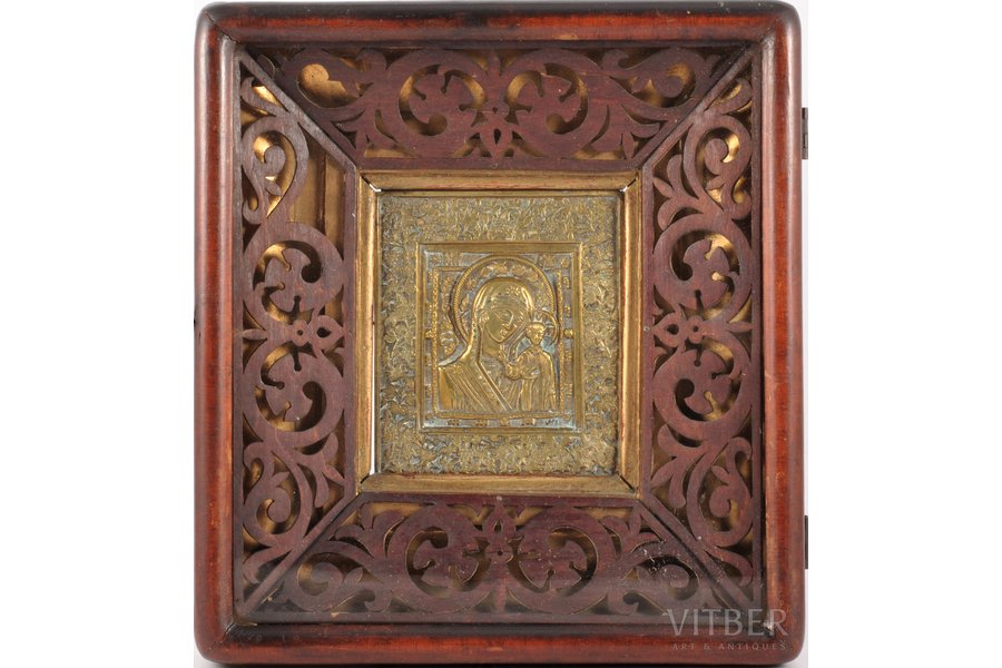 icon, Our Lady of Kazan, in icon case, copper alloy, casting, guilding, wood, Russia, the 19th cent., 25.5 x 23.5 x 5.5 (11.5 x 10 x 0.5) cm