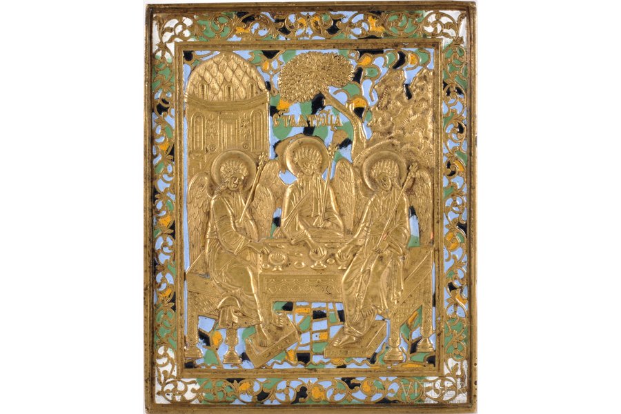 ikona, Svētā Trīsvienība, vara sakausējuma, 5-krāsu emalja, Krievijas impērija, 19. gs. 2. puse, 21.3 x 17.4 x 0.45 cm, 1123.9 g.