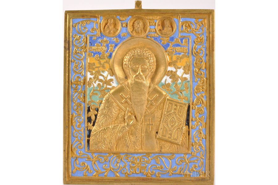 икона, Священномученик Антипа, медный сплав, 6-цветная эмаль, Российская империя, 19-й век, 10.4 x 9 x 0.45 см, 260.10 г.