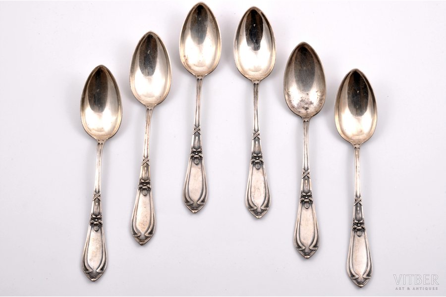 set of 6 dessert spoons, silver, 875 standart, the 20-30ties of 20th cent., 282.15 g, Latvia, 17.9 cm