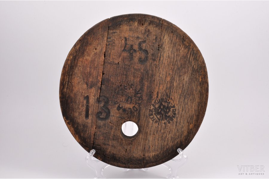 beer barrel keg top, with excise stamp, wood, Russia, the border of the 19th and the 20th centuries, Ø = 24.7 cm