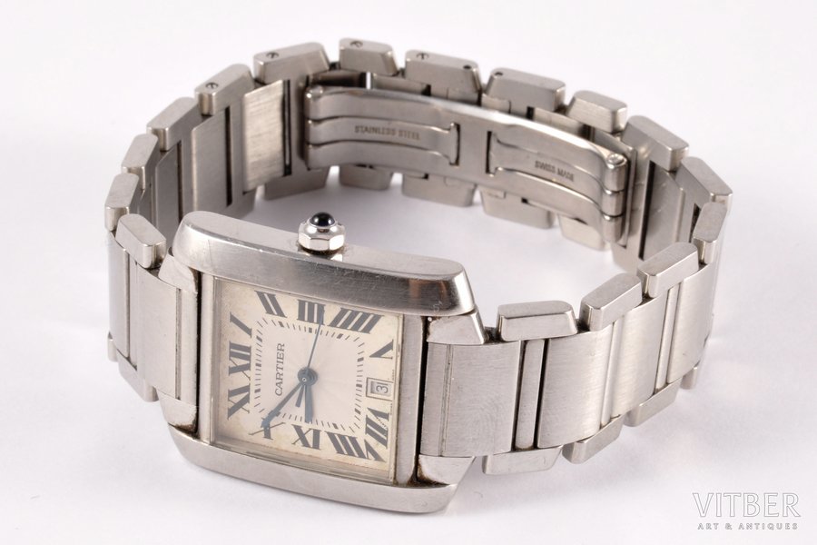 wristwatch, "Cartier" Tank, Switzerland, 2000ies, steel, 97.95 g., Ø (bracelet) 5.5 cm, (dial) 20 x 20 mm, working well
