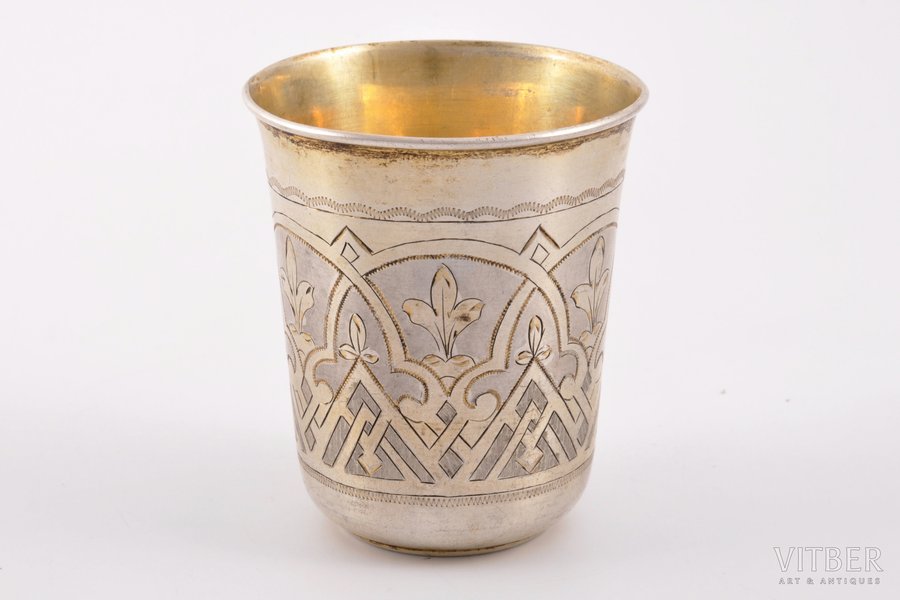 goblet, silver, 84 standard, 64.45 g, engraving, gilding, h = 7.1 cm, Ø = 6 cm, 1881, Moscow, Russia