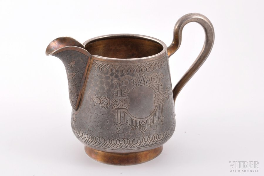 cream jug, silver, 84 standard, 207.95 g, engraving, h = 10.2 cm, Ø = 8.2 cm, P. Milyukov workshop, 1895, Moscow, Russia