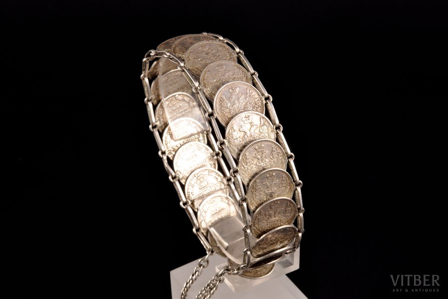 браслет, из серебряных монет Российской Империи, номиналом в 5 копеек (1835,1845-1850,1853), серебро, 29.65 г., размер изделия 18 см