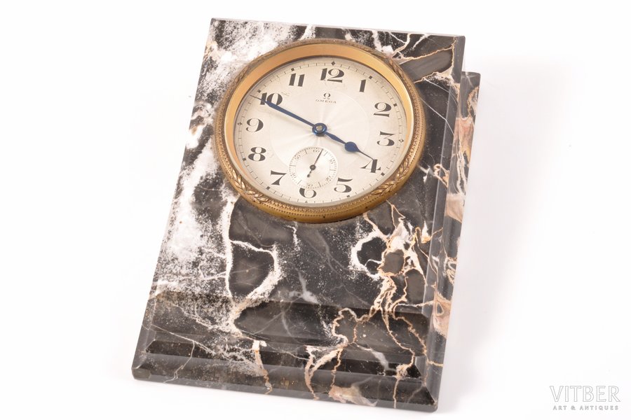 table clock, "Omega", Switzerland, the 20ties of 20th cent., metal, marble case, 14.9 x 10.7 x 3.7 cm, 68 mm, working well
