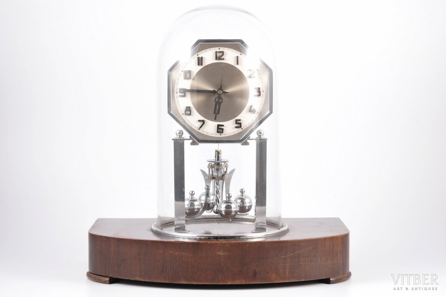 настольные часы, под стеклянным куполом, ар-деко, Латвия, 20-30е годы 20го века, дерево, металл, 32 x 30 см, исправные