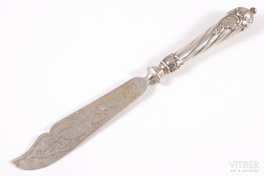 нож для рыбы, серебро, 800 проба, 62.55 г, штихельная резьба, 21.5 см, рубеж 19-го и 20-го веков, Германия