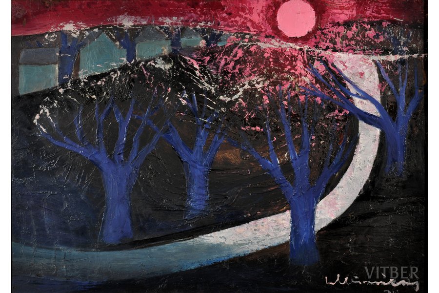 Mūrnieks Laimdots (1922-2011), "Zilie koki", 1974 g., kartons, eļļa, 49.7 x 69.7 cm