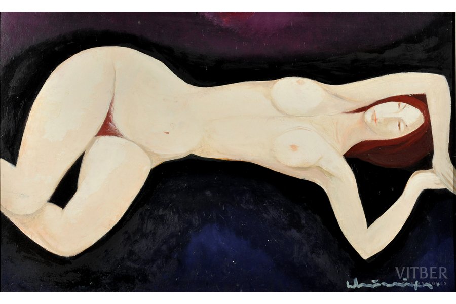 Мурниекс Лаимдотс (1922-2011), "Спящая", 70-е годы 20-го века, картон, масло, 50 x 80 см