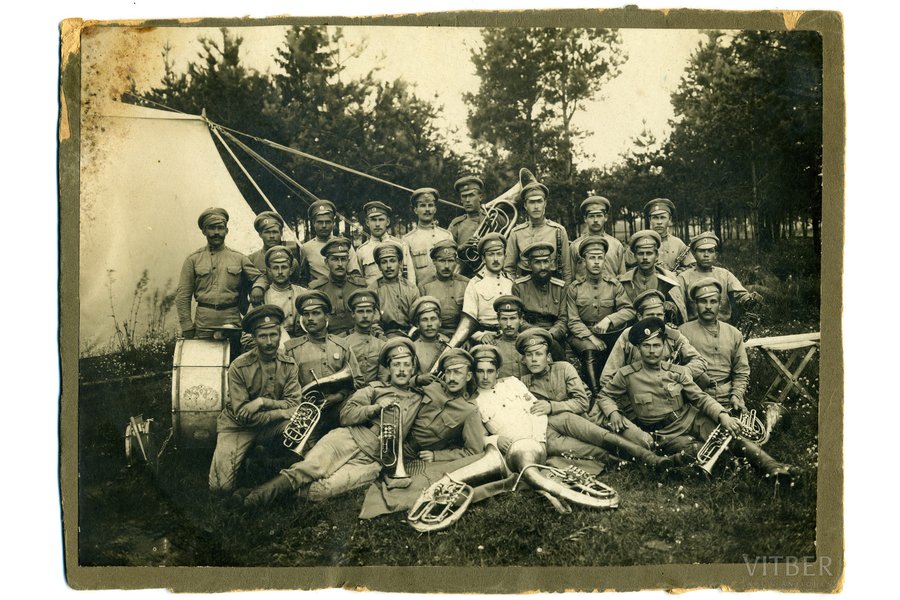 fotogrāfija, Cariskā Krievija, Aviācijas nodalas orķestris, uzlīmēta uz kartona, 1917 g., 22.5x16.2 cm