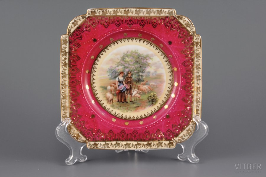 decorative plate, Shepherd and Shepherdess, porcelain, Gardner porcelain factory, Russia, ~1880, 17 x 17 cm