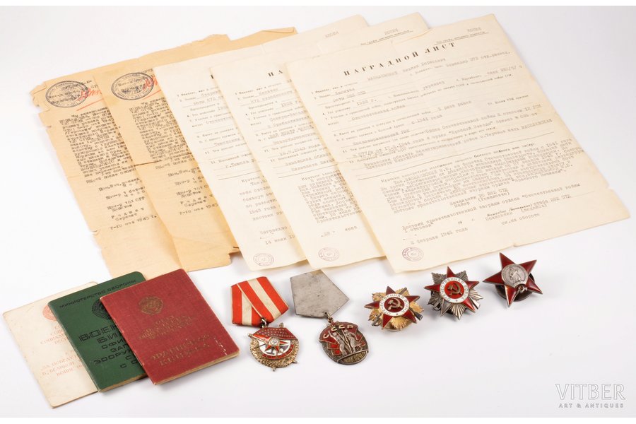 set of awards: the Order of the Red Banner Nº 189527 (duplicate), act (for the issue of the duplicate of the Order of the Red Banner, 2 orders of the Patriotic War (Nº 105598, 2nd class; Nº 1051141, 1st class, anniversary awarding), Badge of Honour Nº 140588 (flat exemplar, ribbon missing), the Order of the Red Star Nº 177012, An Award Certificate, 3 copie of the Award sheet, Identity card of the reserve officer of the Armed Forces of USSR, 1st class, 2nd class, USSR, 1945-1946, 1985, 2nd class Order of the Patriotic War - enamel missing (7 o'clock), the Order of the Red Star - enamel chips (7, 10, 12 o'clock)