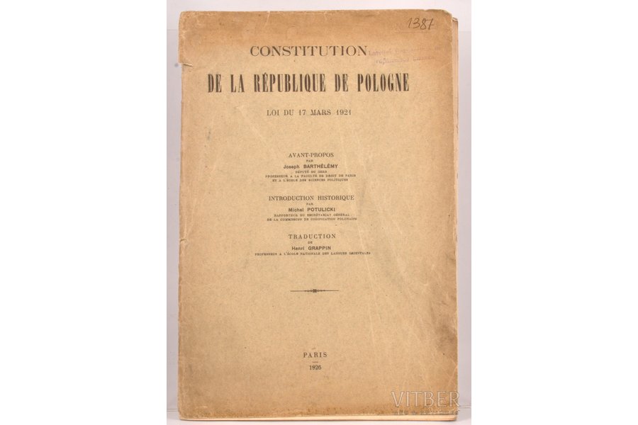 "Constitution De La Republique De Pologne", Loi du 17 Mars 1921, 1926, Paris, 38 pages