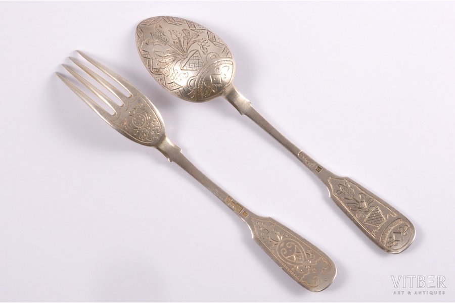 spoon and fork, silver, 84 standart, engraving, 1885, Moscow, Russia, (fork) 16 cm, (spoon) 16 cm