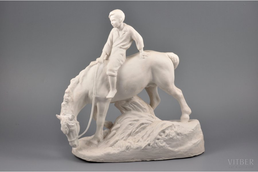 figurine, Boy on the horse, bisque, Riga (Latvia), USSR, sculpture's work, Riga porcelain factory, the 50ies of 20th cent., 29.5 x 29.5 x 12 cm, restoration of horse's right ear and reins