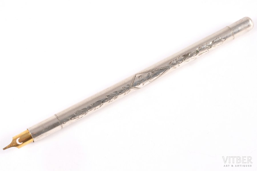 fountain pen, silver, 875 standard, (item's weight) 13.20, engraving, 13.4 cm, by Ludwig Rosenthal, the 30ties of 20th cent., Riga, Latvia