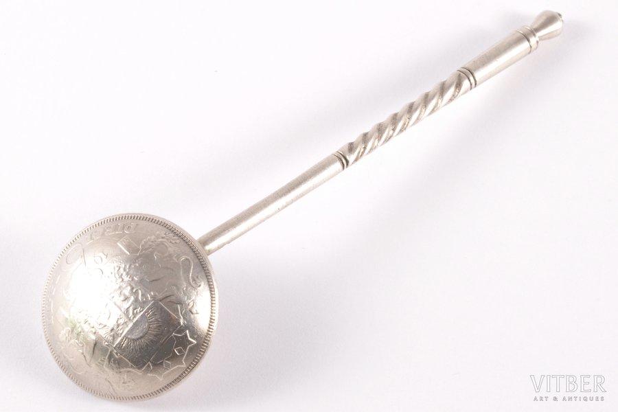 spoon made of 5 lats coin (1929), silver, 830 standart, the 30ties of 20th cent., 39.50 g, Latvia, 13 cm