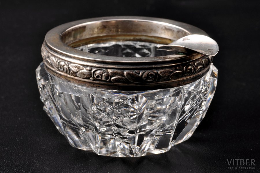 ashtray, silver, crystal, 875 standard, Ø = 5.7 cm, the 20ties of 20th cent., Latvia