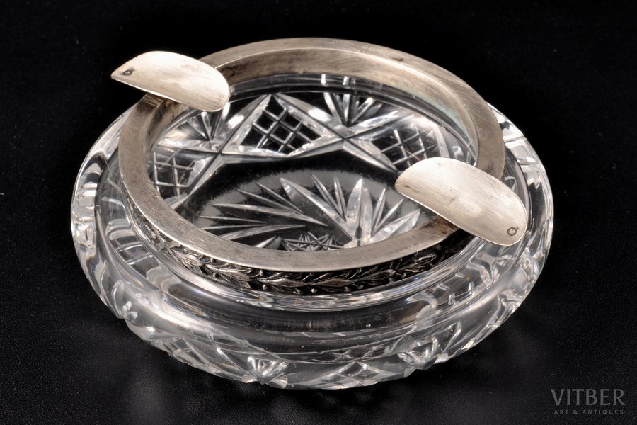 ashtray, silver, crystal, 875 standard, Ø = 10.7 cm, the 20ties of 20th cent., Latvia