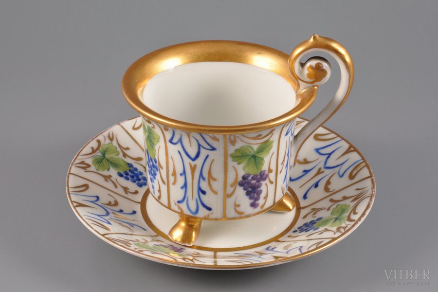 tea pair, "Flowers" (hand painted), porcelain, sculpture's work, handpainted by Ivan Khorkov, Riga (Latvia), the 30ties of 20th cent., (saucer) Ø 14.4 cm, (cup, with handle) 9 cm, chip on the saucer; porcelain - "Thomas", Germany (1908-1939)