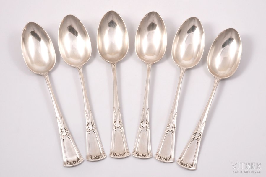 set of spoons, silver, 6 pcs., 84 standard, 484.2 g, 21.6 cm, Ivan Khlebnikov factory, 1908-1917, Moscow, Russia