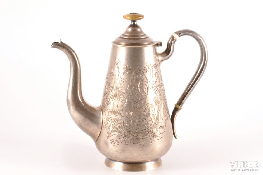 coffeepot, silver, 84 standard, 353.70 g, engraving, 17 cm, 1899-1908, Moscow, Russia, small dents on the lower side