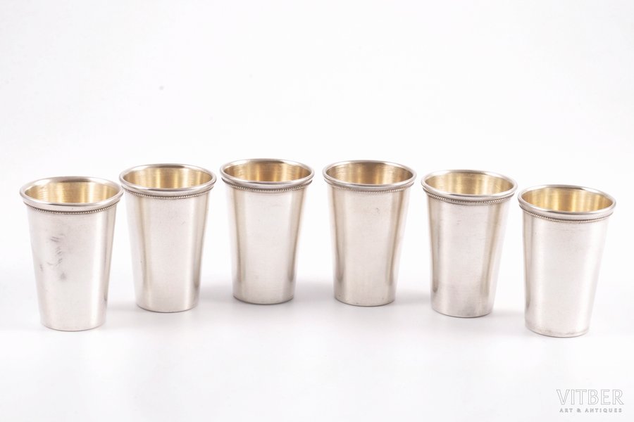 set of 6 beakers, silver, 835 standart, the 30ties of 20th cent., 84.45 g, Latvia, 4.6 cm