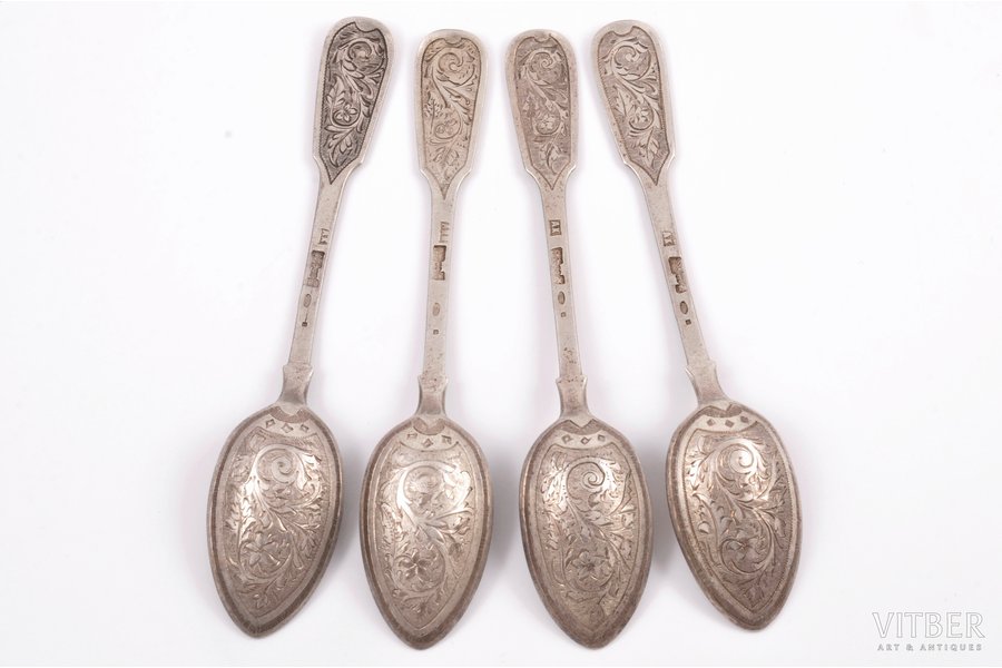 set of 4 teaspoons, silver, 84 standart, engraving, 1886, 112.75 g, Moscow, Russia, 14.9 cm