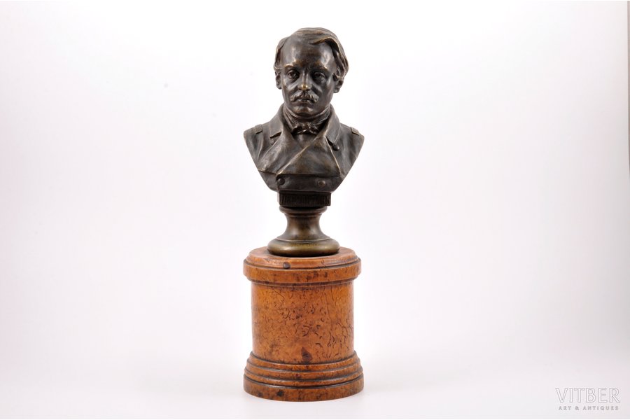 bust, Lermontov, bronze, h = 32,5 (12,8 + 19,7) cm, weight 2500 g., Russia, K.F.Verfel, the 2nd half of the 19th cent., Karelian brich base