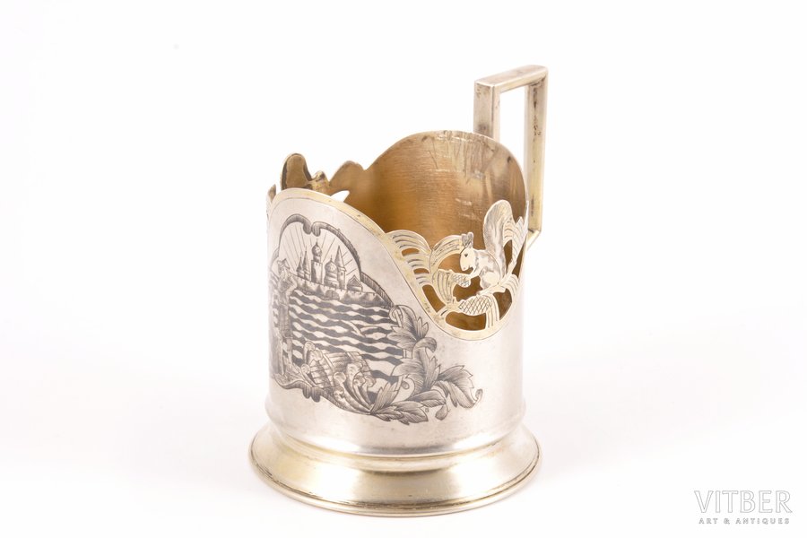 tea glass-holder, silver, the plot - A. Pushkn's "The Tale of Tsar Saltan", 875 standart, niello enamel, engraving, 1958, 115.00 g, "Moscow Jeweller" artel, Moscow, USSR, Ø (inner) 6.6 cm