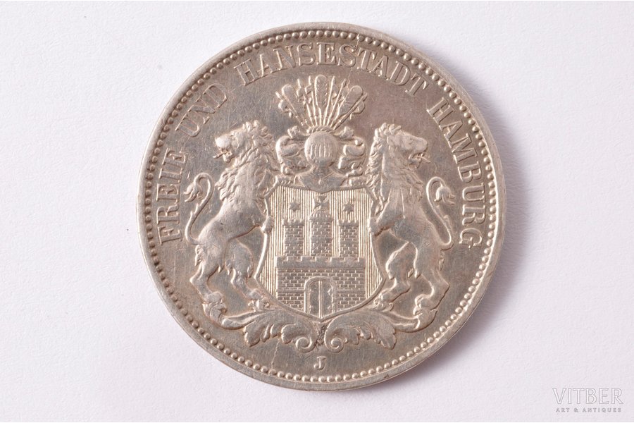 3 marks, 1909, J, Hamburg, silver, Germany, 16.55 g, Ø 33.3 mm, XF, 900 standard