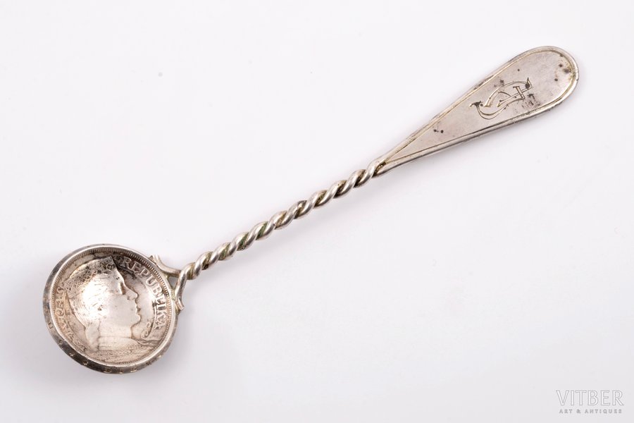 teaspoon, silver, made of 5 lats coin (1932), 39.45 g, 15.7 cm, the 30-40ties of 20th cent., Latvia