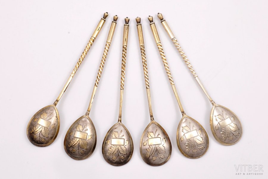 set of 6 spoons, silver, 84 standart, engraving, 1895, 97.25 g, Moscow, Russia, 13.4 cm