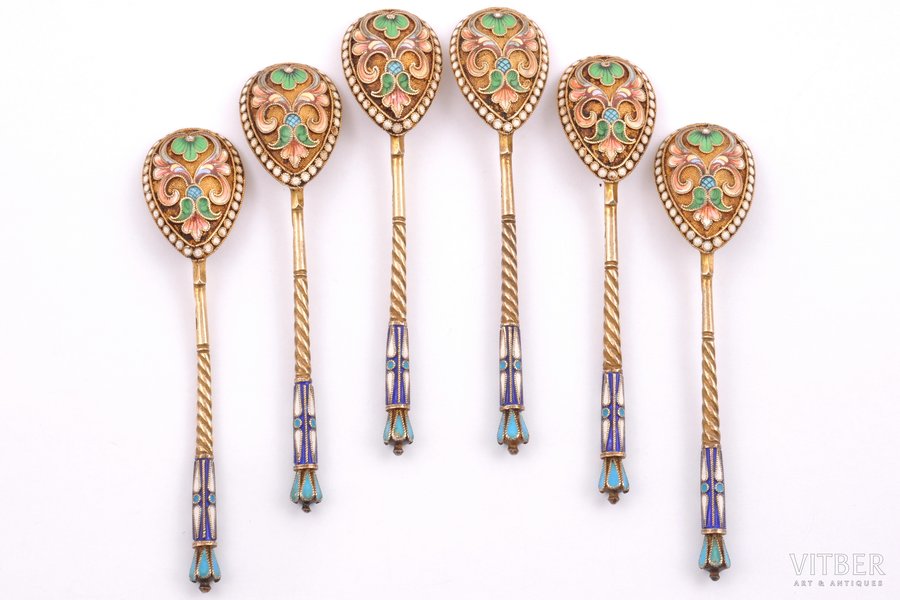 set of 6 spoons, silver, 84 standart, gilding, painted enamel, 1899-1908, 95.15 g, Moscow, Russia, 10.2 cm