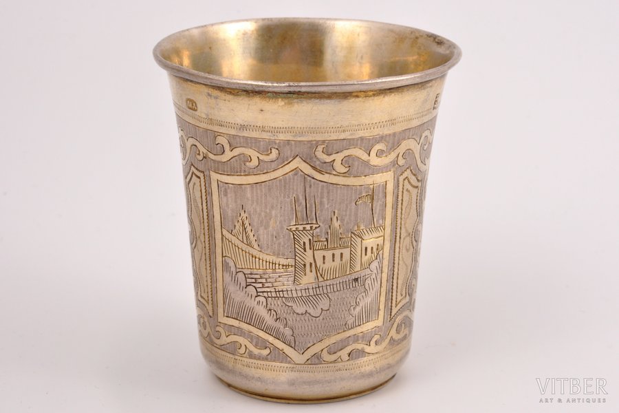 стакан, серебро, 84 проба, 69.80 г, штихельная резьба, 6.8 см, 1864 г., Российская империя